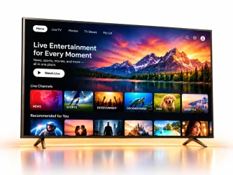 Modern 4K Smart TV displaying a live entertainment streaming interface, with a premium orange glow beneath the screen.